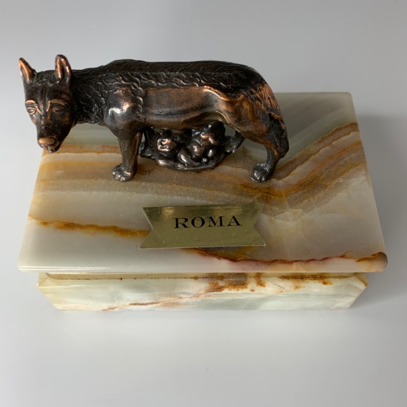 Alabaster Marble Brass Rome Romulus Trinket Jewelry Box - Picture 2 of 8